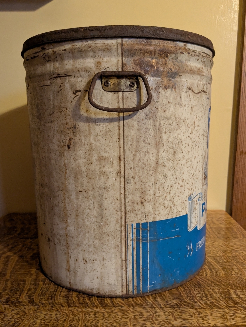 Vintage Fort Pitt Pure Lard Tin 50lb With Lid Bail Handle White Blue Rustic Farm - Picture 6 of 11